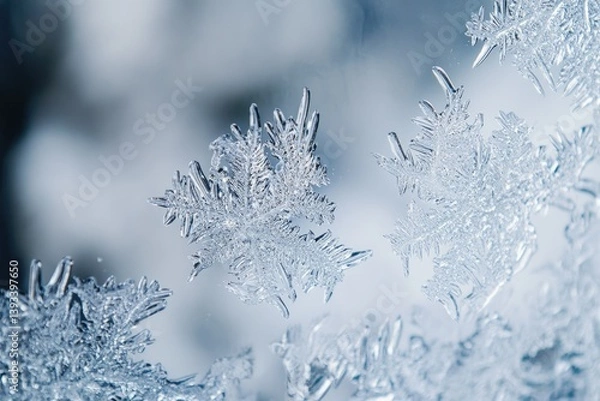 Fototapeta Intricate ice crystals form delicate, frosty patterns on a cold window pane.