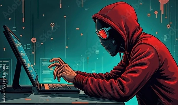 Fototapeta Person in red hoodie and glasses seated at desk typing on laptop, facing large monitor displaying digital data with floating numbers and symbols; dark background filled with glowing tech elements