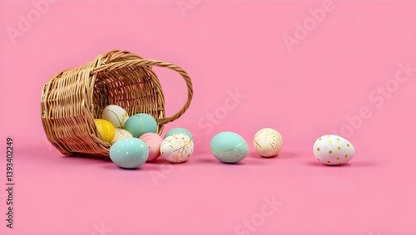 Fototapeta A traditional woven wicker basket tipped on its side against a solid pink background, with decorated Easter eggs spilling out. 
