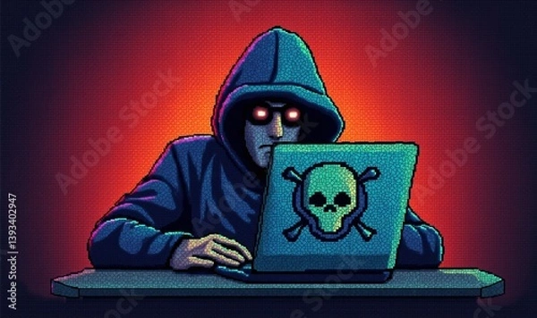 Fototapeta Hacker in hoodie using computer with skull symbol, cyber attack threat concept, dark illustration
