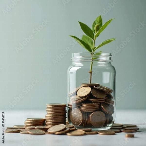 Fototapeta Ascending stacks of gold coins leading to jar filled with savings, visual metaphor for financial growth and accumulation