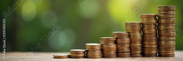 Fototapeta Ascending stacks of gold coins leading to jar filled with savings, visual metaphor for financial growth and accumulation