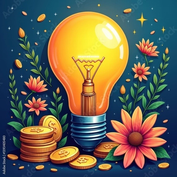Fototapeta Glowing light bulb surrounded by scattered coins on rustic metal surface, concept of innovation and financial value