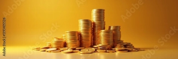 Fototapeta Stacked gold coins arranged in varying heights on yellow background, concept of abundance, wealth and growth