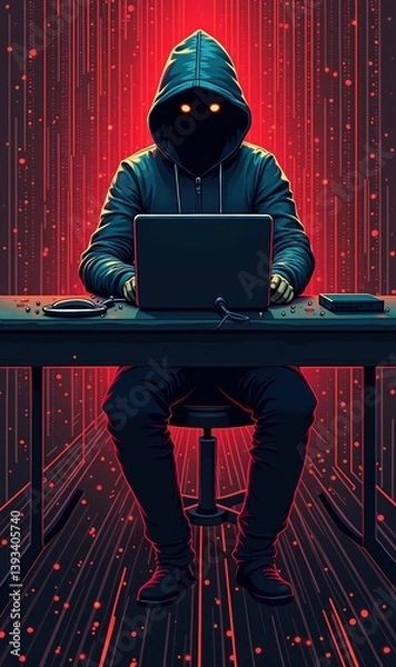Fototapeta Hacker in dark hoodie using laptop, red cyber background, anonymity concept, digital danger illustration 