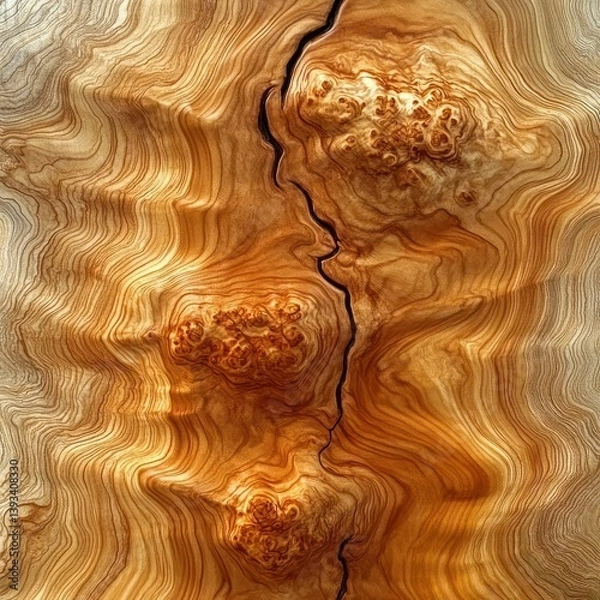 Obraz Intricate wood grain texture with a deep crack.  Detailed close-up view of swirling wood patterns and knots