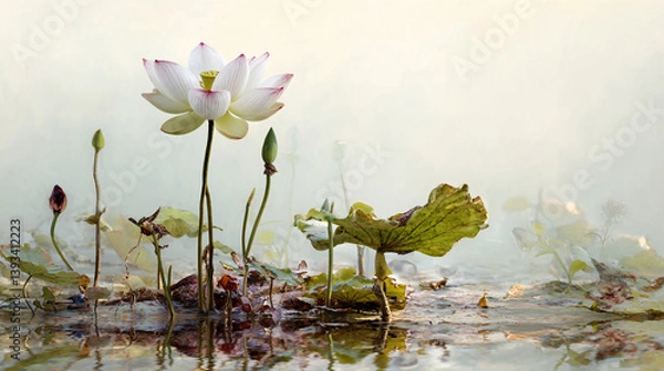 Fototapeta A pristine lotus flower rises from muddy waters, captured in a detailed botanical photograph; it represents a spiritual idea against a white background.  
