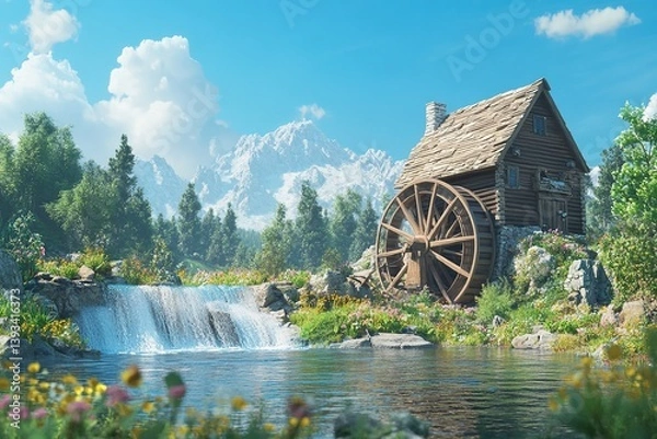 Fototapeta A serene countryside water mill with a weathered wooden structure, mirrored in a narrow canal, surrounded by ducks and rolling green hills in the background.

