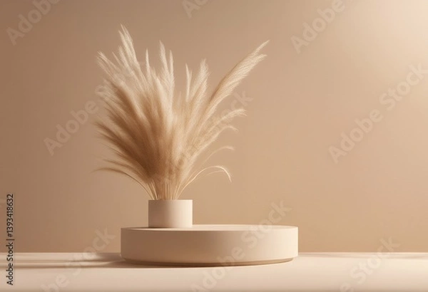 Fototapeta showcase abstract vase 3d pedestal cosmetic beauty minimal render beige background shadow product nature dry grass display promotion bright podium studio pampas composition dais empty fashion blank