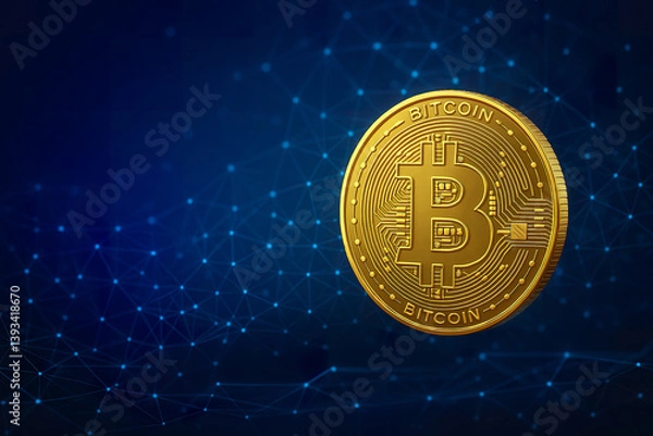 Fototapeta Futuristic Golden Bitcoin Floating Over Blue Digital Network Background