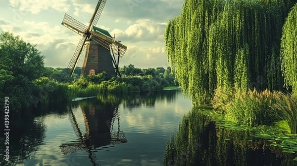 Fototapeta A detailed countryside windmill with wooden planks and rope mechanisms, surrounded by grazing sheep in a lush green pasture under a golden sunset sky.

