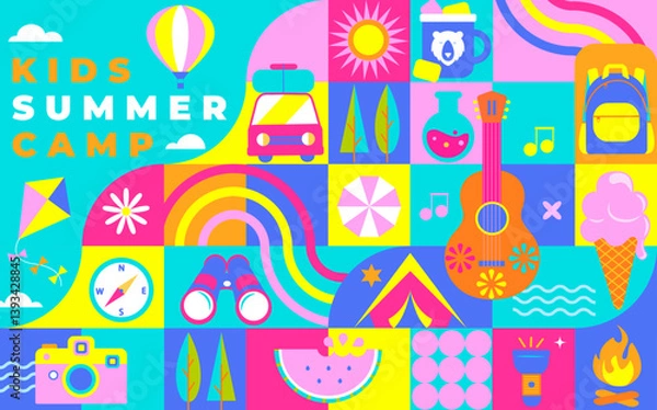 Fototapeta Kids Summer camp bright geometric flyer, card in square tile style, concept with symbols of camping - tent, backpack, compas, guitar, campfire, lots of fun and activity programs. Vector illustration.