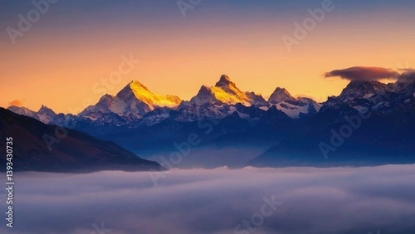 Fototapeta A picturesque scene of a mountain range with clouds in the foreground, perfect for use in travel or landscape photography