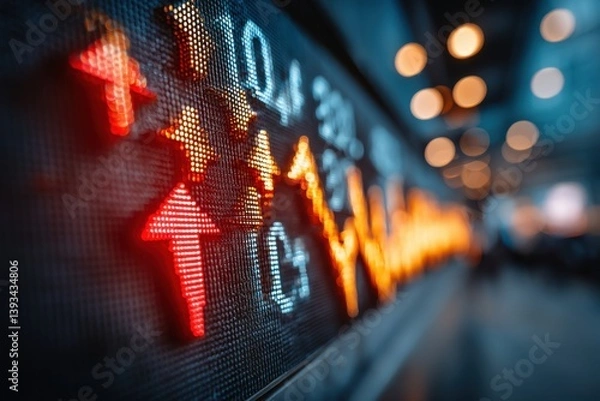 Obraz Digital stock market display with rising and falling trends, financial data, and economic indicators for investment analysis and trading decisions, close-up perspective.
