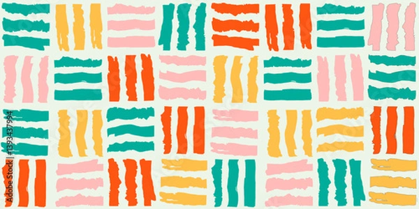 Fototapeta The stripes are painted in a rough, textured style, creating a dynamic and playful visual effect. The dominant colors are teal, orange, yellow, and pink, set against a light green background.