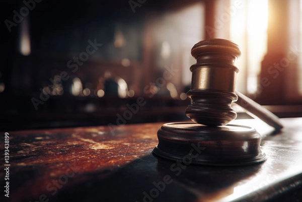 Fototapeta A wooden judge's gavel rests on a textured wooden surface in a dimly lit courtroom setting.