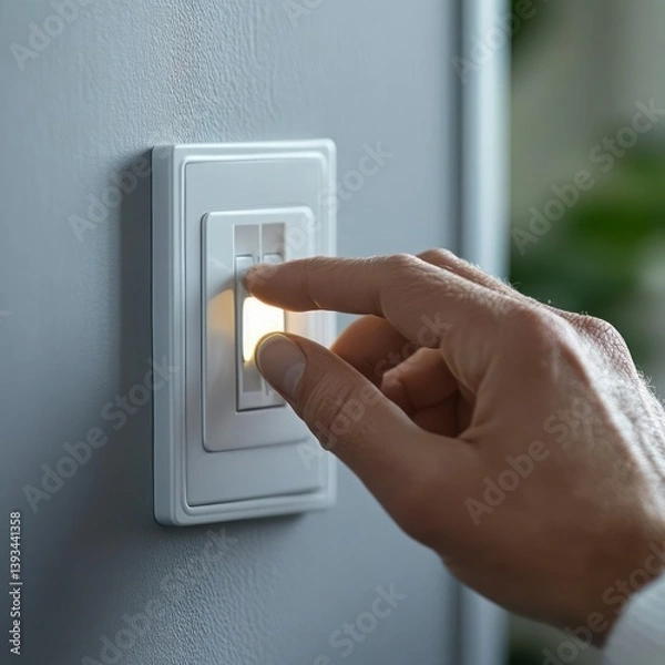 Fototapeta Hand turning on a light switch with a small illuminated indicator