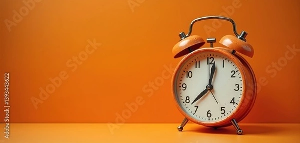 Fototapeta Vintage orange alarm clock on orange background with copy space. Retro time, antique clock with details. Classic design, decoration, reminder, display. Analog clock. Watch shows almost eight oclock.