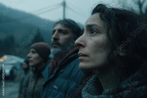 Fototapeta A group of concerned refugees are looking up with worry against a misty backdrop, seeking hope and a better future in an uncertain world with empathy.