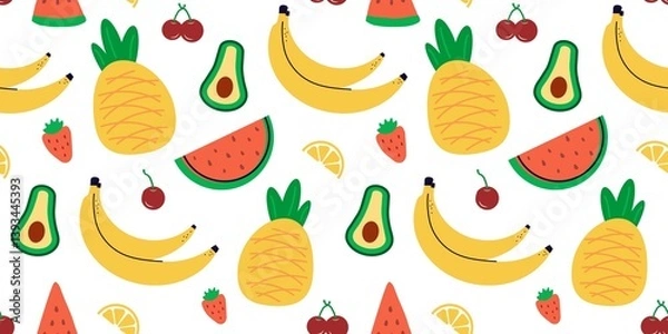 Fototapeta Seamless pattern of summer fruits: banana, watermelon, avacado, lemon.  natural food. Flat, linear design in a minimalist style. art vector cartoon background for print, textiles, paper.