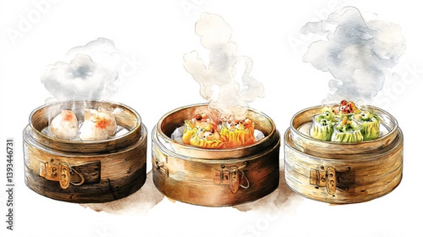 Fototapeta Classic dim sum served in bamboo steamersdumplings showcasing Chinese foodwith visible steam against a white background.  