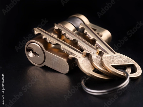 Obraz New door lock with keys used in households. Dark background.