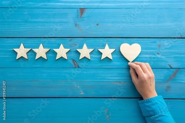 Fototapeta Customer Service Excellence: A person's hand delicately places a heart next to a row of five stars on a vibrant blue surface, symbolizing exceptional service and satisfaction.
