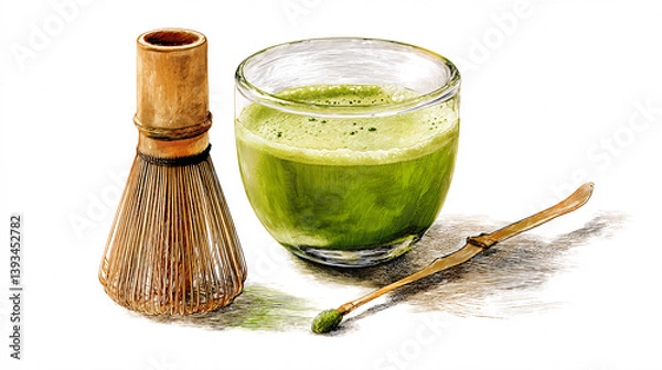 Fototapeta Creating a perfect, frothy matcha tea with a whisk, shown against a white backdropa traditional drink.  