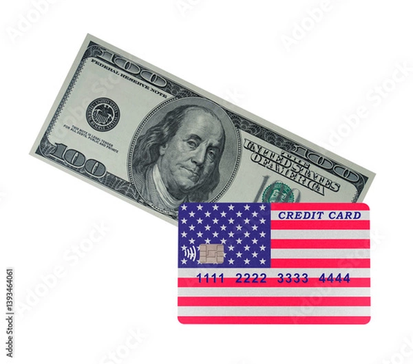 Fototapeta Plastic credit card with the US flag lying on a $100 bill on a transparent background (close-up). Online payment by credit card for purchases in online stores