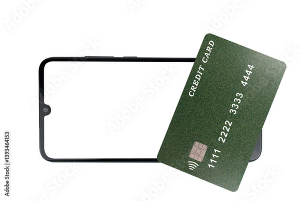 Fototapeta Green plastic credit card lies on a smartphone with a blank screen (close-up on a transparent background). Online credit card payment for purchases in online stores