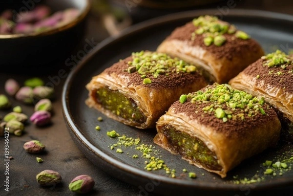 Fototapeta Delicious pistachio baklava slices topped with cocoa powder and chopped nuts on black plate.