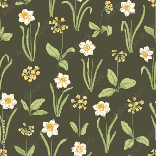 Obraz Delicate botanical vector seamless pattern with white daffodils and yellow primrose blooms on dark olive background. Vintage meadow floral design for cottage style textiles and wallpaper
