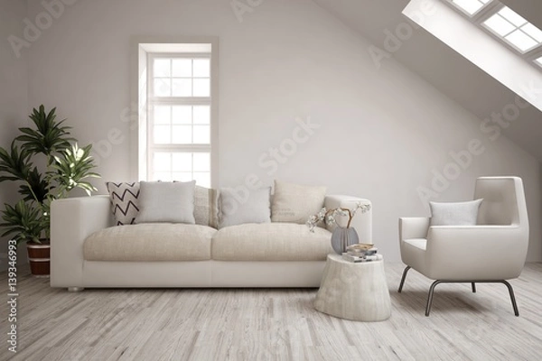 Fototapeta White modern room with sofa. Scandinavian interior design. 3D illustration