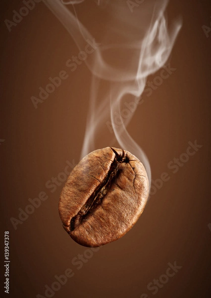 Obraz Closeup falling coffee bean with smoke on brown background