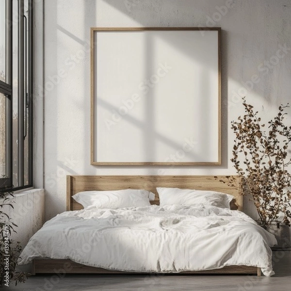 Fototapeta Modern bedroom with large blank canvas