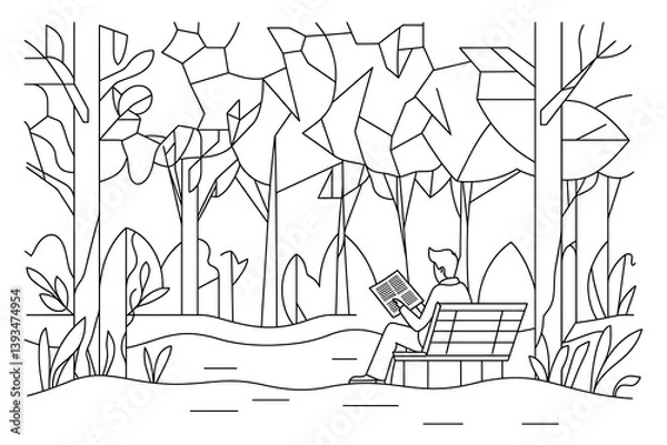 Fototapeta A geometric line art a person sitting in a park with a coffee cup, reading a newspaper