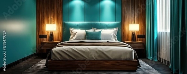 Obraz A bedroom with turquoise walls, walnut wood panels on the walls and ceiling, and a dark grey floor