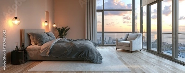 Obraz A chic bedroom designed with simplicity in mind, with expansive windows that survey a vibrant city below