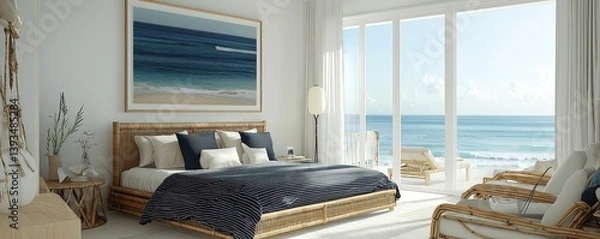 Obraz A chic bedroom designed with minimalist bamboo furniture and bedding in neutral tones with fine navy stripes