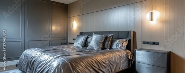 Obraz A chic bedroom designed with smooth ash wood paneling and a bed outfitted in elegant silver bedding