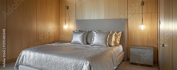Obraz A chic bedroom designed with smooth ash wood paneling and a bed outfitted in elegant silver bedding