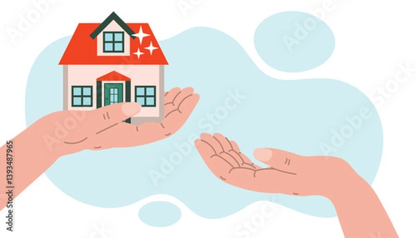 Fototapeta Real estate buying concept. Businessman hands giving a new house, successful investment concept. Illustration in flat style.