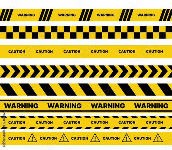 Fototapeta Set of warning tapes isolated on white background. Warning tape, danger tape, caution tape, under construction tape. Vector illustration