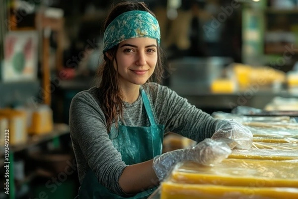 Obraz Woman artisan working with blocks of handmade soap