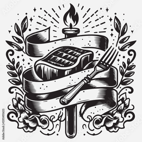 Fototapeta Scroll banner with black line work tattoo style steak and fork stock illustration