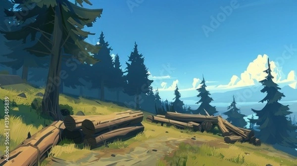 Fototapeta Sunny forest landscape with cut logs on hillside path.