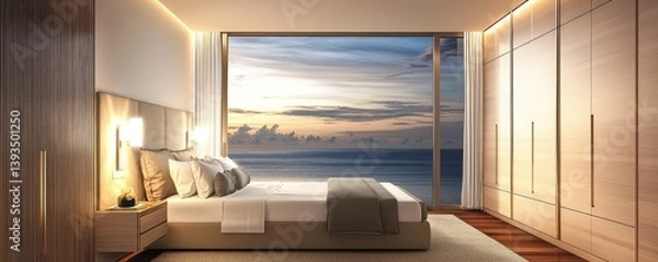 Obraz A chic bedroom with expansive windows that frame a dramatic ocean view under a twilight sky