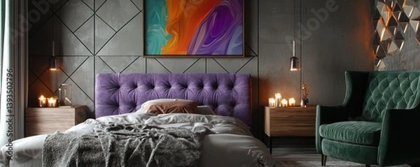 Obraz A chic bedroom with walls in a sophisticated charcoal grey, adorned with geometric patterns