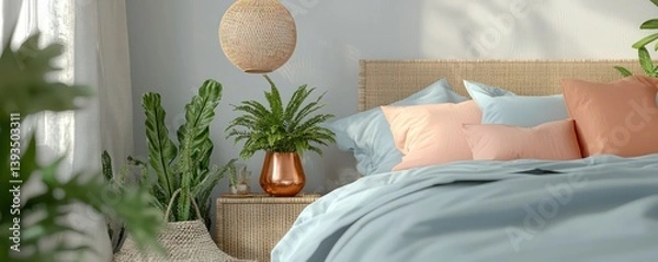 Obraz A chic boho bedroom with walnut furniture, sky blue bed linens, and peach pillows