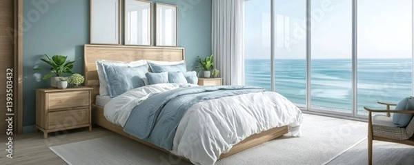 Obraz A chic coastal bedroom with bleached oak furniture and bedding in a palette of washed-out blues and whites, mimicking the ocean's colors